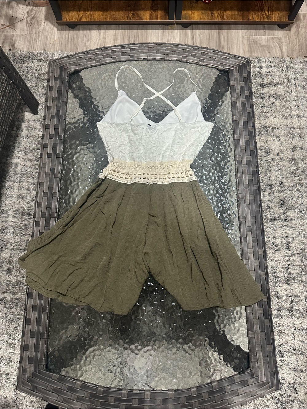 White Crochet Bodice Olive Green Summer Romper - Picture 3 of 4